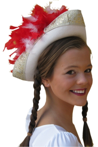 Weißer Mariechenhut mit rot-weißem Federnest